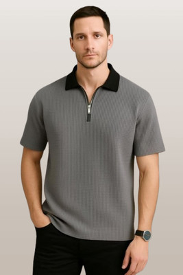 Rufica Self Design Men Polo Neck Grey T-Shirt