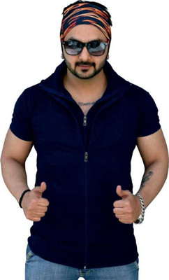 JB Jangoboy Solid Men Hooded Neck Dark Blue T-Shirt