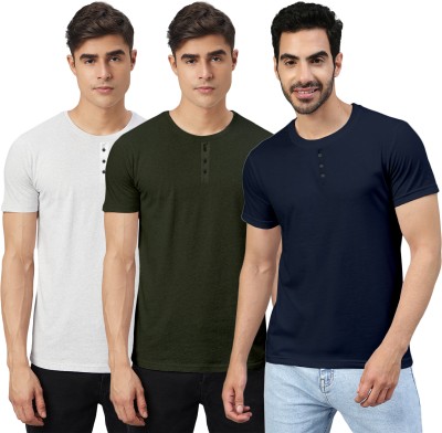 FTX Solid Men Round Neck White, Green, Navy Blue T-Shirt