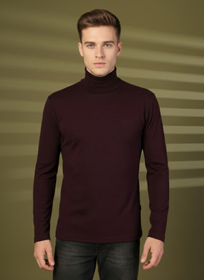 CHKOKKO Solid Men Turtle Neck Brown T-Shirt