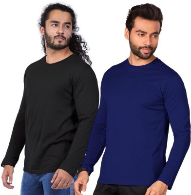 Organic Chics Solid Men Round Neck Black, Blue T-Shirt