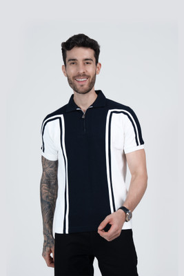 LOOM FASHION Colorblock, Striped Men Zip Neck Navy Blue, White T-Shirt