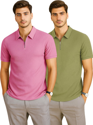 RMLKN Self Design Men Zip Neck Pink, Green T-Shirt