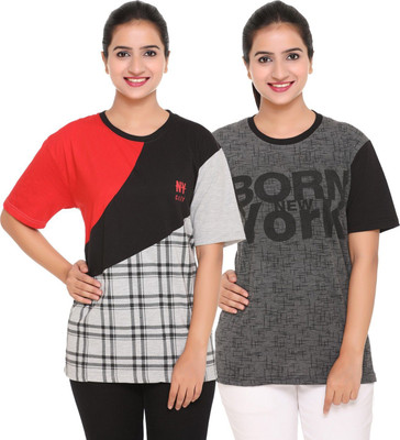 HouseOfCommon Printed Women Round Neck Multicolor T-Shirt