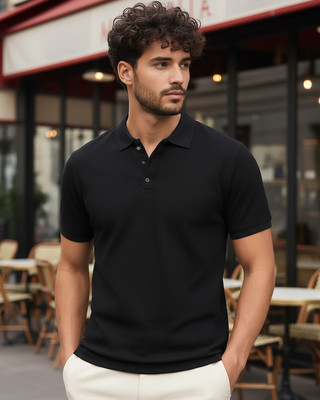 BEWAKOOF Self Design Men Polo Neck Black T-Shirt
