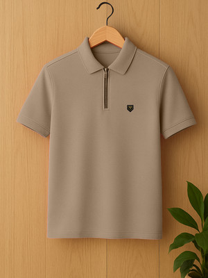 Yazole Printed Men Polo Neck Beige T-Shirt