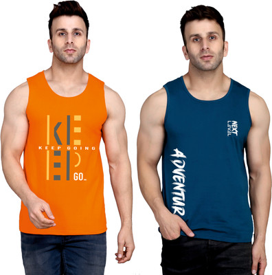 SLOWLORIS Printed Men Round Neck Orange, Dark Blue T-Shirt