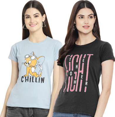Fabflee Printed Women Round Neck Light Blue, Grey T-Shirt