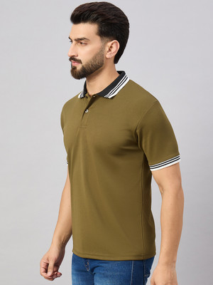 Merriment Striped Men Polo Neck Dark Green T-Shirt
