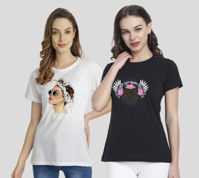 CHOQU Printed Women Round Neck White, Black T-Shirt