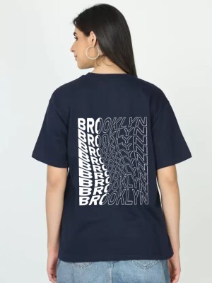 Tdoc Typography Women Round Neck Navy Blue T-Shirt