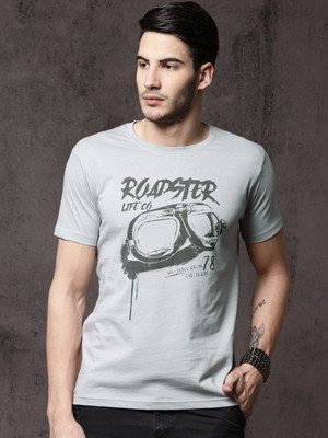 Roadster Printed Men Round Neck Grey T-Shirt