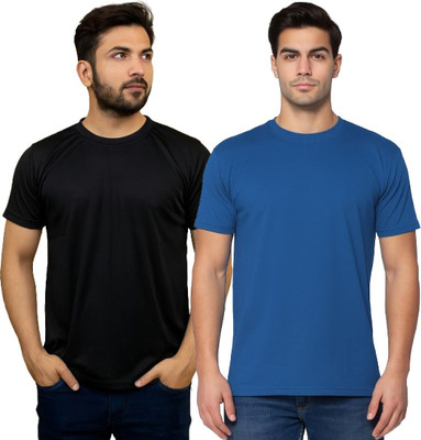YUALIN CREATION Solid Men Crew Neck Black, Blue T-Shirt