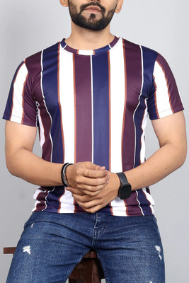 Troonpair Striped Men Round Neck Blue T-Shirt