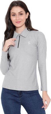 FASHA Solid Women Zip Neck Grey T-Shirt