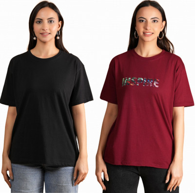 METRONAUT Printed, Solid Women Round Neck Multicolor T-Shirt