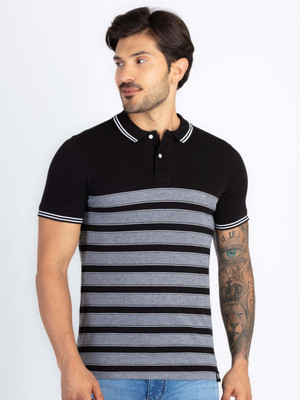 Status Quo Striped Men Polo Neck Black T-Shirt
