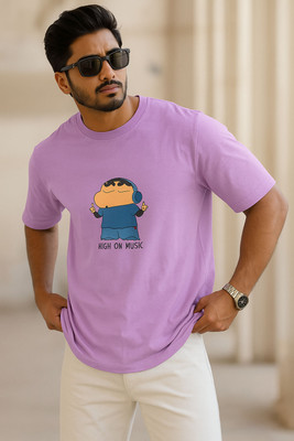 SINNER STREET Printed, Cartoon, Self Design Men Round Neck Purple T-Shirt