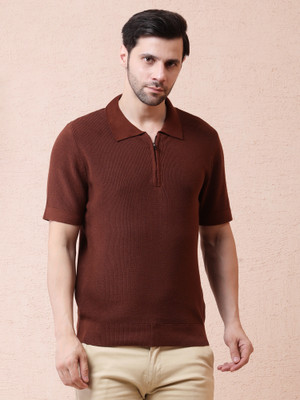 NOQUO Self Design Men Zip Neck Brown T-Shirt