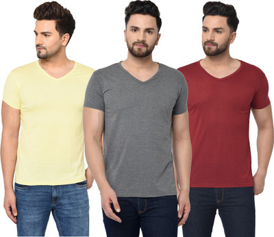JB Jangoboy Solid Men V Neck Red, Grey, Yellow T-Shirt