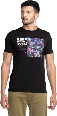 BEING HUMAN Graphic Print, Typography Men Round Neck Black T-Shirt