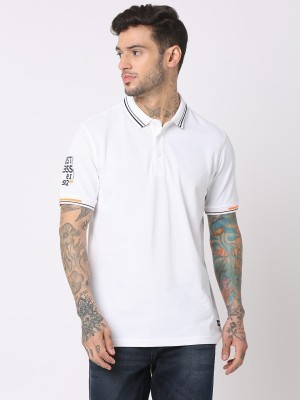 Spykar Solid Men Polo Neck White T-Shirt