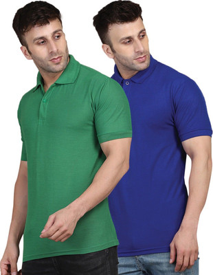 INKKR Solid Men Polo Neck Green, Blue T-Shirt