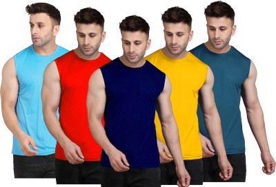 UDI n ADI Solid Men Round Neck Navy Blue, Red, Light Blue, Yellow, Blue T-Shirt