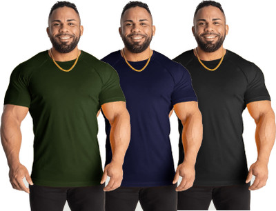 UDI n ADI Solid Men Round Neck Dark Green, Black, Navy Blue T-Shirt