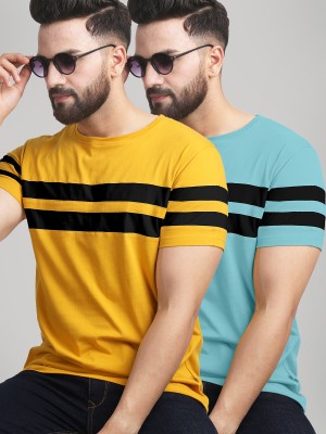 AUSK Colorblock Men Round Neck Light Blue, Yellow, Black T-Shirt