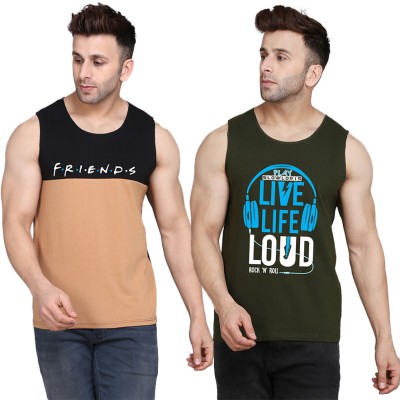 SLOWLORIS Printed Men Scoop Neck Dark Green, Black, Beige T-Shirt