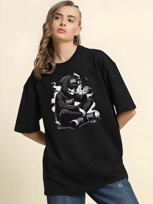 Moda Rapido Self Design Women Round Neck Black T-Shirt