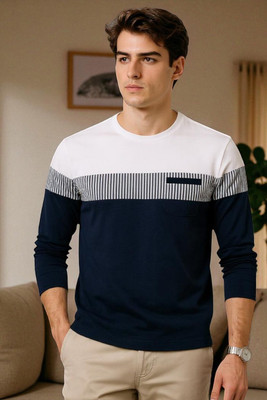 Autna Colorblock Men Round Neck Navy Blue T-Shirt