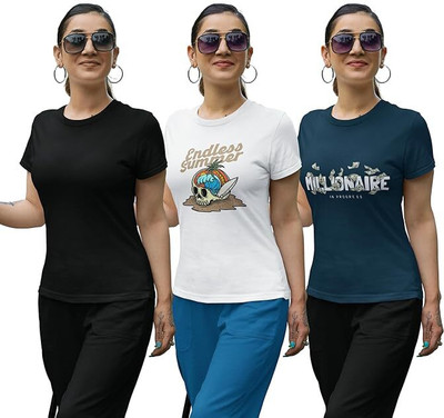 Carbonyte Printed Women Round Neck Navy Blue, White, Black T-Shirt