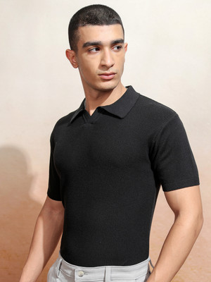 HIGHLANDER Solid Men Polo Neck Black T-Shirt