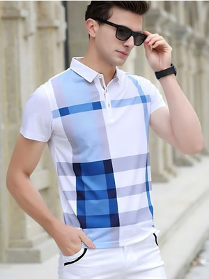 Autna Checkered Men Polo Neck Blue T-Shirt