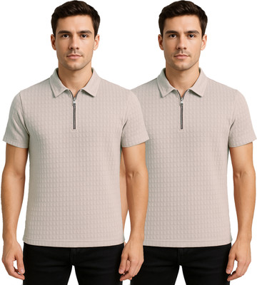 KEOTI Self Design Men Zip Neck Grey T-Shirt