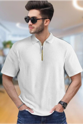 ABHYAMM Self Design Men Zip Neck White T-Shirt