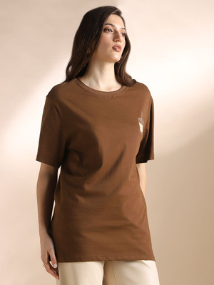 Globus Typography Women Round Neck Brown T-Shirt
