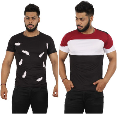 Oishee Printed Men Round Neck Maroon, Black T-Shirt