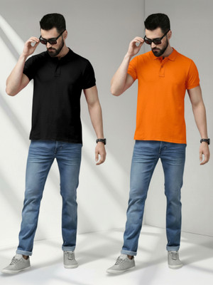 METRONAUT Solid Men Polo Neck Black, Orange T-Shirt