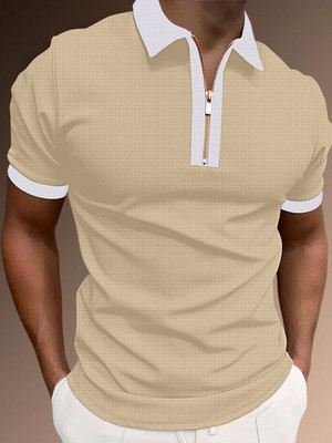Petromen Solid Men Zip Neck Beige T-Shirt