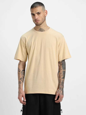 Ruggstar Solid Men Round Neck Beige T-Shirt