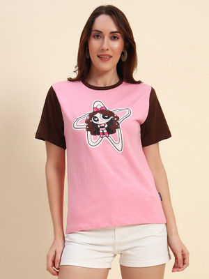 THE DRY STATE Printed Women Round Neck Pink, Brown T-Shirt