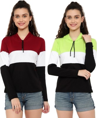 Hokum Colorblock Women Hooded Neck Multicolor T-Shirt