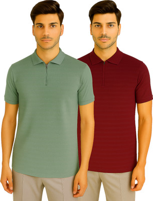 R ROCKIN TEES Self Design Men Zip Neck Light Green, Maroon T-Shirt