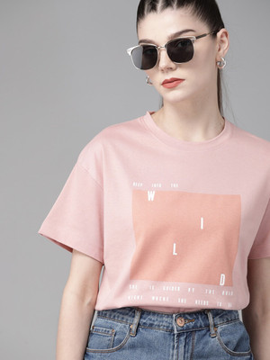 Roadster Printed Women Round Neck Pink T-Shirt