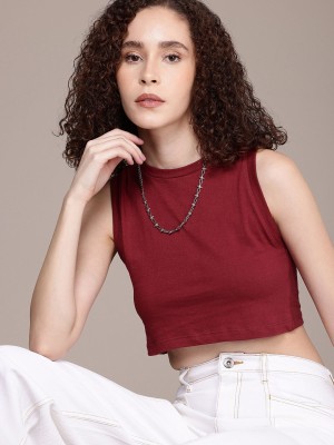 Roadster Solid Women Round Neck Maroon T-Shirt