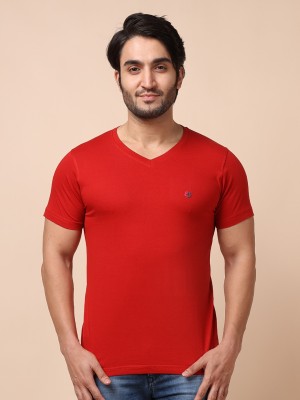 BERRYBLUES Solid Men V Neck Red T-Shirt
