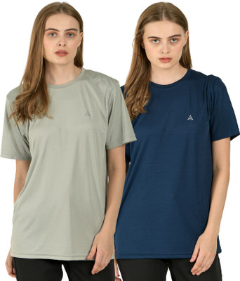 HouseOfCommon Solid Women Round Neck Grey, Blue T-Shirt